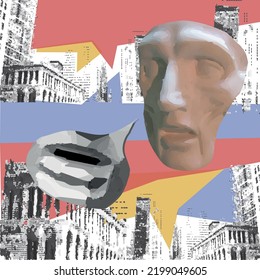 Bright modern vector collage with human mask, colorful square shapes like speech bubbles and black dotted city. Abstract design vector illustration.