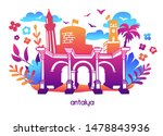 Bright modern vector illustration Antalya, Turkey. Travel card, poster, print design in flat style with colorful gradient. Famous turkish attractions: Hadrian