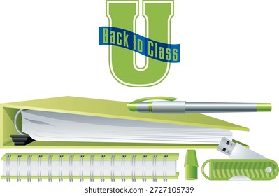 Una Ilustración vectorial brillante y moderna de “Regreso a Clase” con útiles escolares esenciales en un esquema de color verde fresco. El diseño muestra cuadernos, una carpeta, un bolígrafo y una unidad flash USB, con texto en negrita de “Regreso a clase” que se muestra en una cinta azul sobre una Grande letra verde “U”. Ideal para promociones educativas, admisiones escolares, materiales para estudiantes, Anuncios, volantes y campañas de marketing de regreso a la escuela.