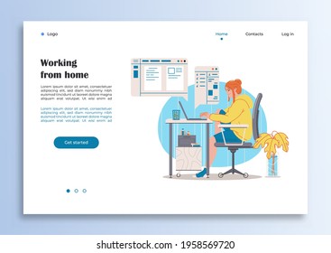 Bright modern vector illustration of a young girl working freely at home. All objects are isolated.