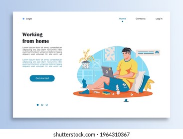 Bright modern vector illustration of a young man communicating via video conference at home. All objects are isolated.
