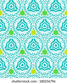 Bright modern vector pattern in tropical blue and green in hipster style with lines and geometric shapes. Texture for print, wallpaper; invitation background; spring, summer fashion; fabric, textile