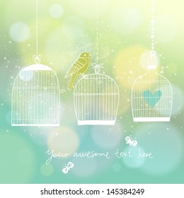 Bright modern wedding invitation in vector. Bird, cages and butterflies on stylish concept background in warm colors