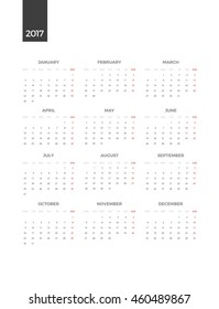 Bright Modern white vertical Calendar for 2017. Week Starts Monday. Crear design Vector illustration.