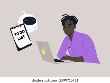 Bright, modern workspace features a robot assisting a focused individual with a digital to-do list, showcasing advanced technology streamlining office tasks