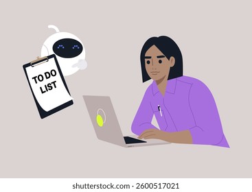Bright, modern workspace features a robot assisting a focused individual with a digital to-do list, showcasing advanced technology streamlining office tasks