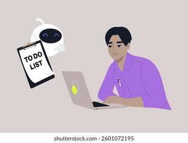 Bright, modern workspace features a robot assisting a focused individual with a digital to-do list, showcasing advanced technology streamlining office tasks