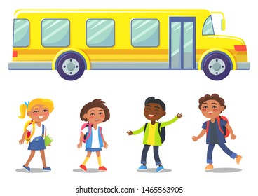 Bright, modern yellow school bus for pupils and students. Group of children, little boys and girls with backpacks. Colorful education transportation vehicle. Back to school concept. Flat cartoon