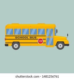 Bright, modern yellow school bus for children, pupils and students between house and school, educational institution. Flat vector cartoon illustration