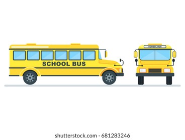 Bright, modern yellow school bus for children, pupils and students between house and school, educational institution. Flat vector cartoon illustration. Objects isolated on a white background.