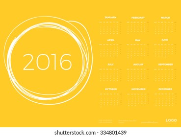 Bright Modern Yellow Sunny Calendar for 2016. Week Starts Monday.  Vector design Template