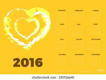 Bright Modern Yellow Sunny Calendar for 2016 with heart. Week Starts Monday. Vector design Template