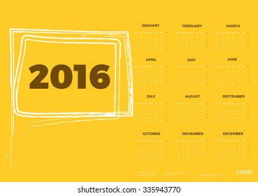 Bright Modern Yellow Sunny Calendar for 2016. Week Starts Monday. Vector design Template