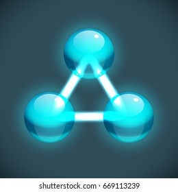 Bright molecule structure template with round connected turquoise atoms on blue background isolated vector Illustration