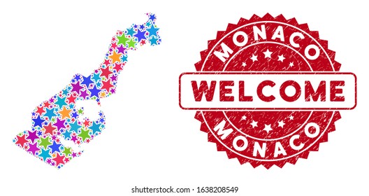 Bright Monaco map collage of stars, and textured round red WELCOME stamp. Abstract territory plan in bright color tinges. Vector Monaco map is designed of bright stars. Designed for political,