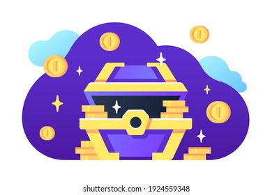 Bright money chest vector illustration. Open golden and blue antique treasure chest with coins flat style. Sparkle decor. Pirate theme concept. Isolated on white background