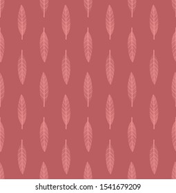 Bright monochrome geometric seamless pattern with vertical rows of small leaves. Repeat symmetrical botanical pattern. Vector illustration.