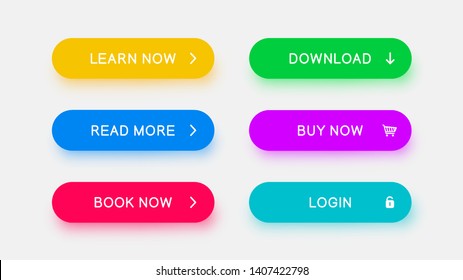 Bright monochrome web buttons of yellow, blue, red, green, purple and bright blue color with falling color shadow. Vector buttons for web design, mobile devices, banners and more.