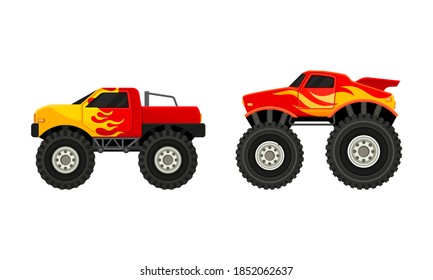 Bright Monster Trucks with Oversized Tires Vector Set