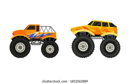 Bright Monster Trucks with Oversized Tires Vector Set