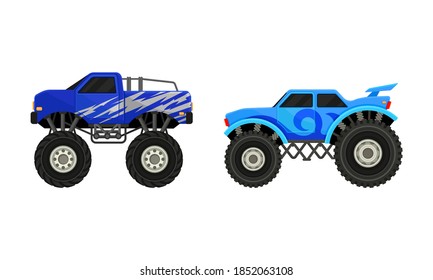 Bright Monster Trucks with Oversized Tires Vector Set