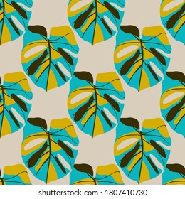 Bright monstera leafs seamless pattern. Blue and orange foliage on light pastel background. Great for wallpaper, textile, wrapping paper, fabric print. Vector illustration.