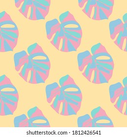 La monstera brillante deja un patrón impecable. Siluetas tropicales de color rosa y azul sobre fondo naranja claro. Perfecto para papel pintado, textil, papel envolvente, impresión de tela. Ilustración vectorial.