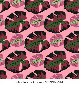 Bright monstera silhouettes seamless doodle pattern, Green and black colored foliage on pink background. Perfect for fabric design, textile print, wrapping, cover. Vector illustration.