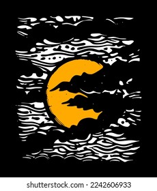 bright moon in dark night sky covered with clouds. lino print illustration image vector