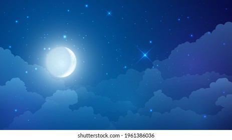 Bright moon in the night starry sky and clouds