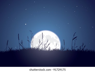 The bright moon rises behind a grassy plain. CMYK color. Layer separated. EPS version 10.