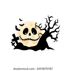 Bright moon with silhouette of tree, tombs and bats. Halloween Background. Festive element for background, postcard, invitation. Flat style illustration on white background.