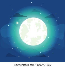 Bright moon with lot of sparkling small stars vector illustration of night landscape, many dark clouds, falling star isolated on deep blue background