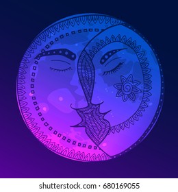 Bright moon in the style of Zen Tangle. Blue pink vector illustration.