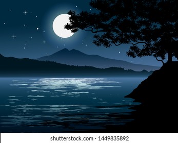 bright moonlight at river with the sky full of stars