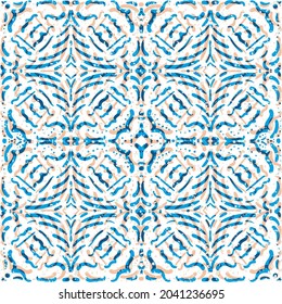 Bright moorish style geometric vector seamless pattern background. Moroccan mosaic effect painterly tiles blended blue white backdrop. Abstract arabesque tile ornamental repeat for summer theme