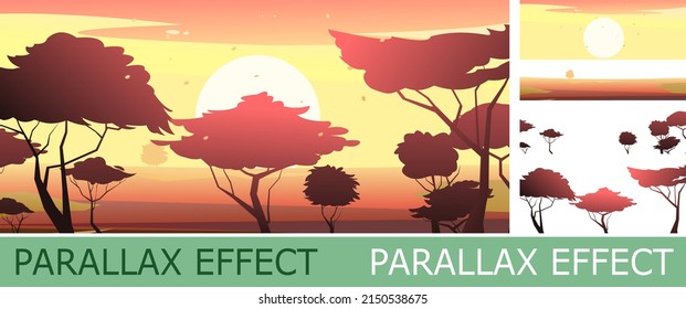 Bright morning Africa with parallax effect. Sunrise silhouette on horizon. Scene with sand and plants. Savannah in desert. African acacia trees. Vector.