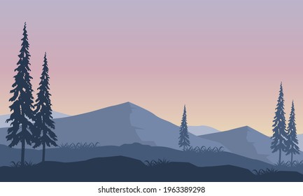 Bright morning atmosphere with beautiful mountain views from the edge of the city. Vector illustration of a city