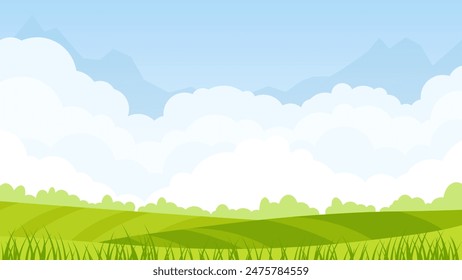 Bright morning country spring landscape of green field, blue sky and clouds