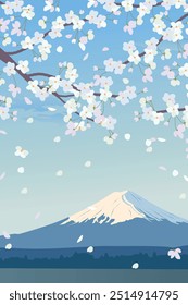 Bright morning landscape with blue sky. Branches of blooming white cherry trees on the background of Mount Fuji. Traditional Japanese Hanami Festival Cherry blossoms in early spring. Flat Illustration