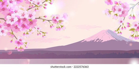 Helle Morgenlandschaft mit rosafarbenem Himmel. Zweige blühender weißer Kirschbäume auf dem Hintergrund des Fuji. Traditionelles japanisches Festival Hanami Tscherry Blüte im Frühjahr. Flache Illustration