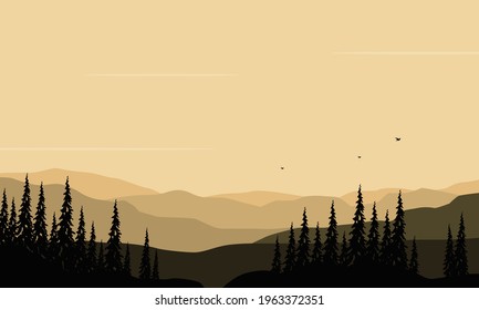 Bright morning skies with panoramic views of the mountains and forests from the suburbs. Vector illustration of a city