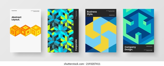 Bright mosaic hexagons magazine cover illustration composition. Colorful corporate brochure design vector template bundle.