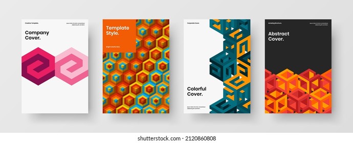 Bright mosaic pattern booklet illustration bundle. Isolated corporate identity A4 vector design template collection.