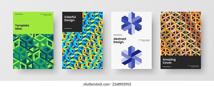 Bright mosaic pattern postcard template set. Abstract corporate brochure A4 design vector layout composition.
