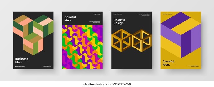 Bright mosaic shapes front page template composition. Multicolored company cover A4 design vector layout set.
