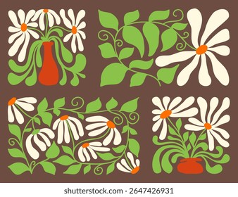 Bright motifs showcase flowers and greenery in a retro 70s design. Stylized waves incorporate various patterns in contrasting colors, creating a lively atmosphere. Perfect for home decor or artwork.
