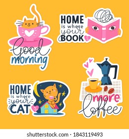 Bright motivational vector stickers with trendy hand drawn elements and motivational quotes. Cartoon images and trendy lettering. Flat style illustrations, labels, objects for print and organizer.