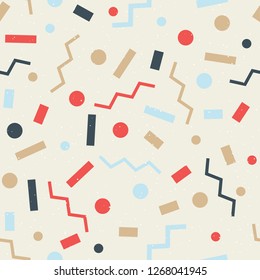 Bright, motley, fun seamless pattern. Festive background. Simple geometric shapes. Rectangles, circles, zigzags. Light shades of blue, beige and red