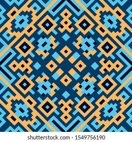 bright motley geometric ornament of squares, rhombuses and polygons based on traditional Ukrainian embroidery. blue-orange-black seamless pattern. vector